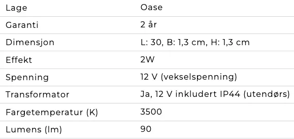 Tekniske data OASE lyslist 30 cm