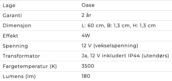 Tekniske data OASE lyslist 60 cm