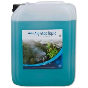 Aqua Forte Alg-Stop liquid mot trådalger i blå kanne med etikett som viser hagedam