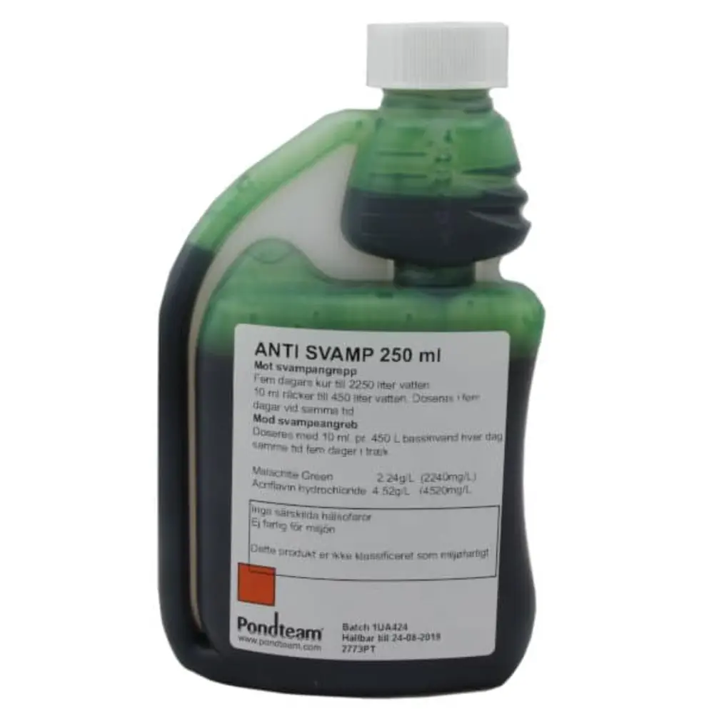 Flaske med Pondteam Anti Sopp 250 ml med grønn væske og etikett