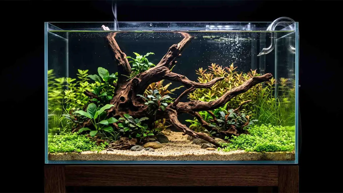 Beplantet akvarium med rot, stein og forgrunn