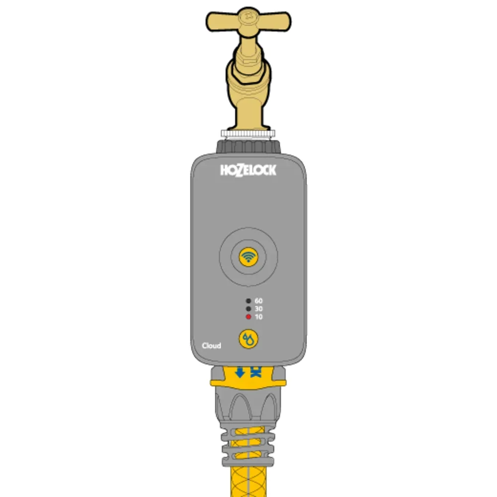 Tegning av Hozelock Cloud kontroll montert på utekran med hageslange under