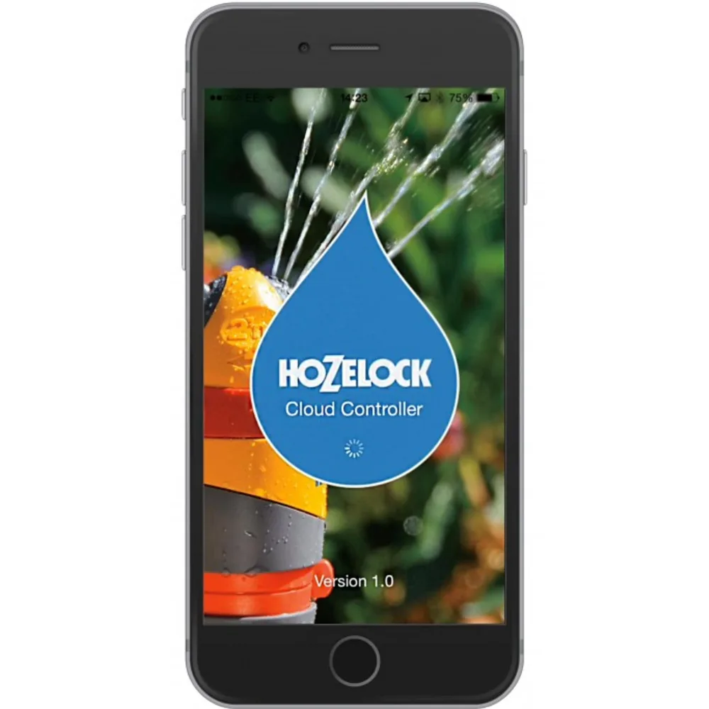 Mobiltelefon som viser startskjermen til Hozelock Cloud Controller-appen