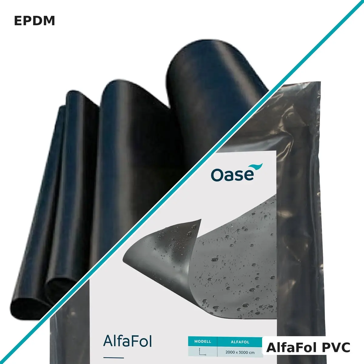 EPDM eller PVC: gummifolie-rull mot Oase AlfaFol-pakke.