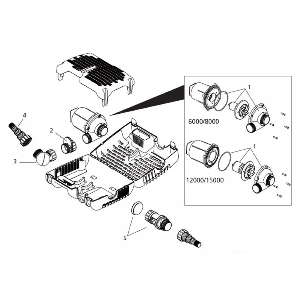 Sprengskisse av Hozelock Aquaforce 6000–15000 med rotor, pumpekammer og stusser