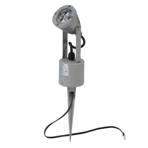 LED-spotlight med jordspyd i grått aluminium med vinkelbart lyshode og kabel