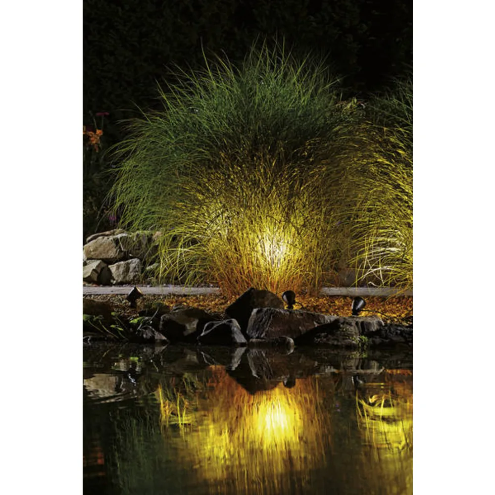 OASE LunAqua Classic LED lyser opp høyt gress ved dammen om kvelden med speiling i vannet