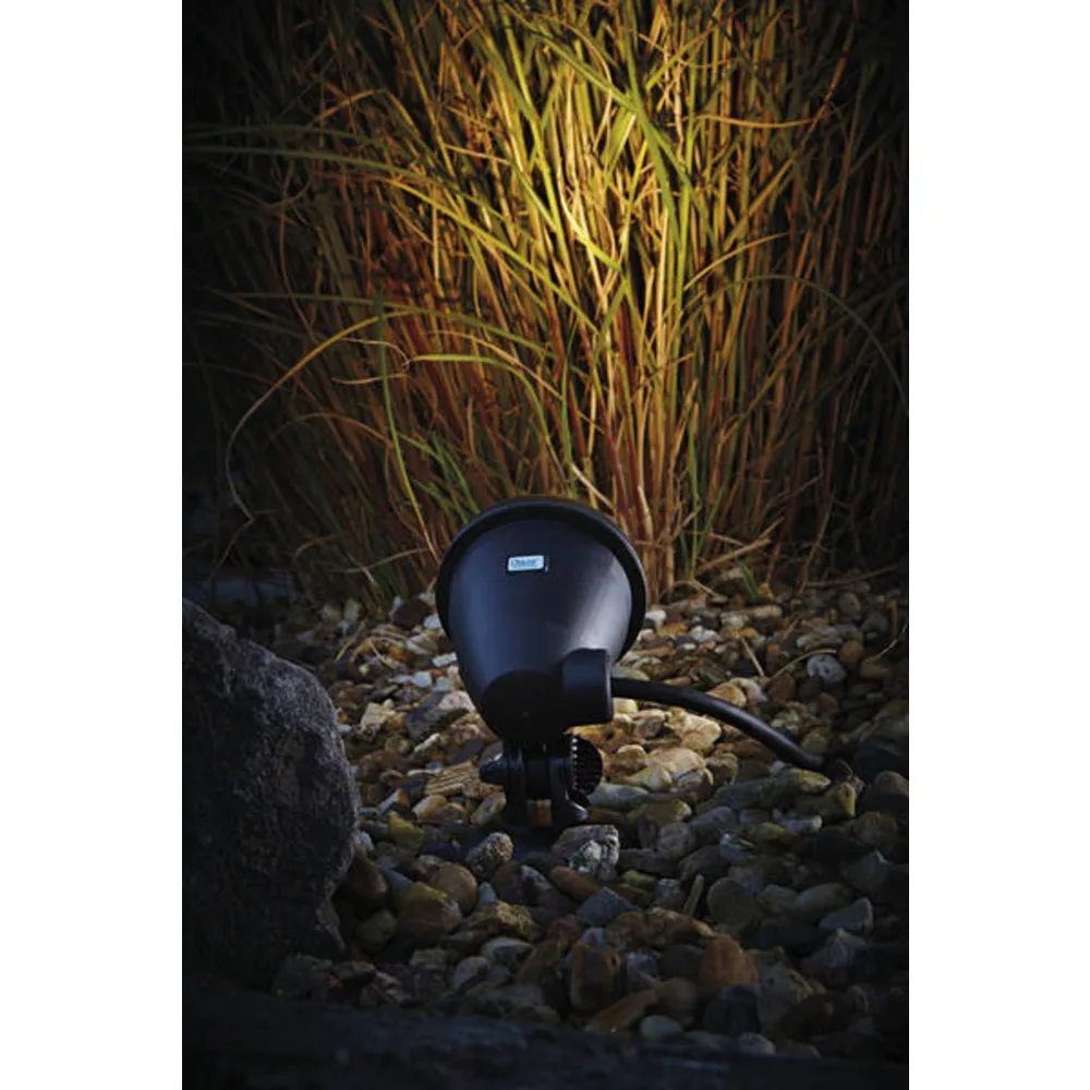 OASE LunAqua Classic LED spotlys i grus foran opplyst gress sett tett på