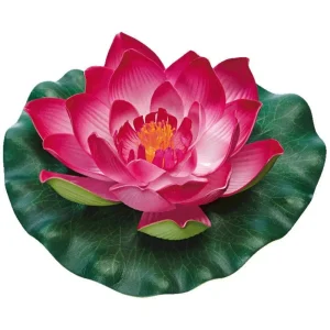 Kunstig vannlilje plast 17 cm i sterk rosa med spisse kronblad på mørkegrønt blad