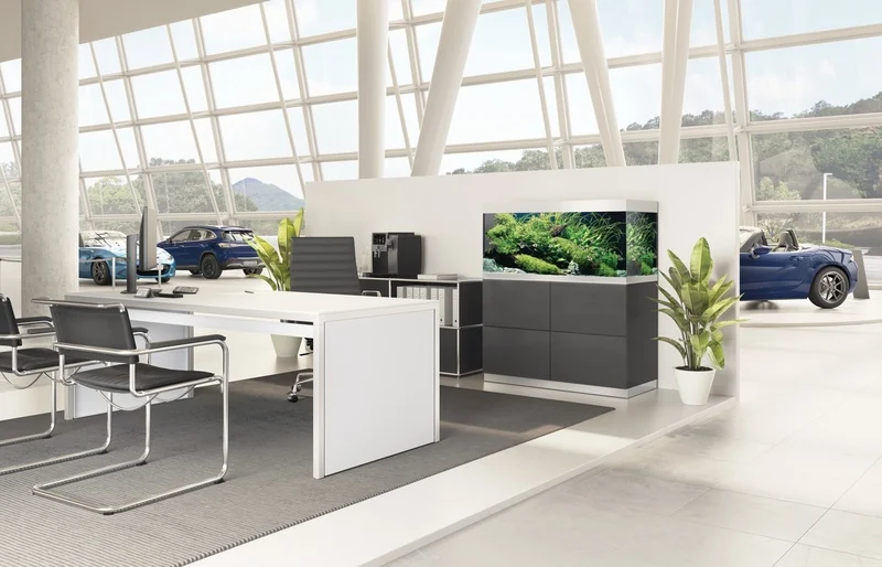 OASE HighLine 300 antrasitt med planteakvarium i et lyst, moderne kontorlandskap