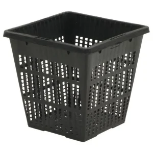 Høy firkantet svart plantekurv i plast med gittervegger og føtter