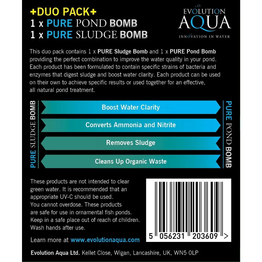Baksiden av Pure Duo Pack med Pure Pond Bomb og Pure Sludge Bomb fra Evolution Aqua