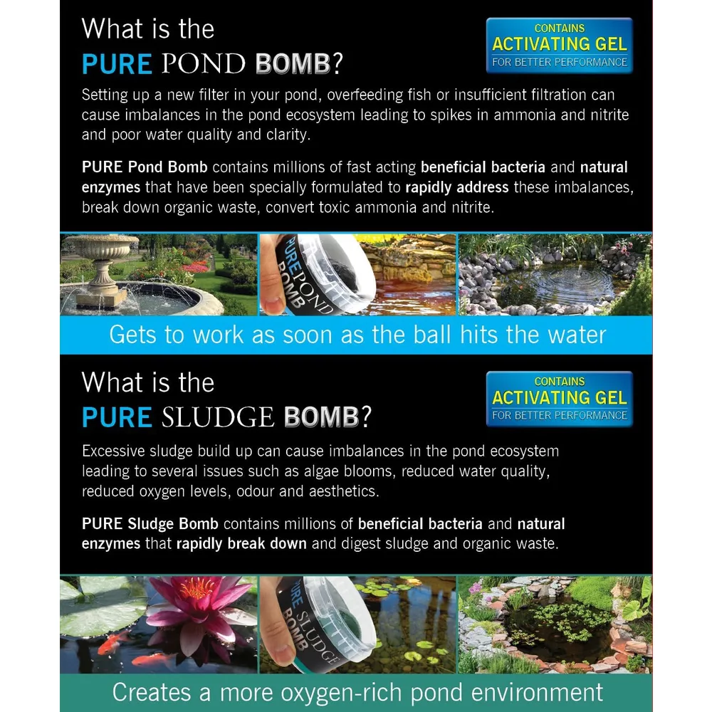 Infografikk på engelsk om Pure Pond Bomb og Pure Sludge Bomb med bakteriekuler i dam