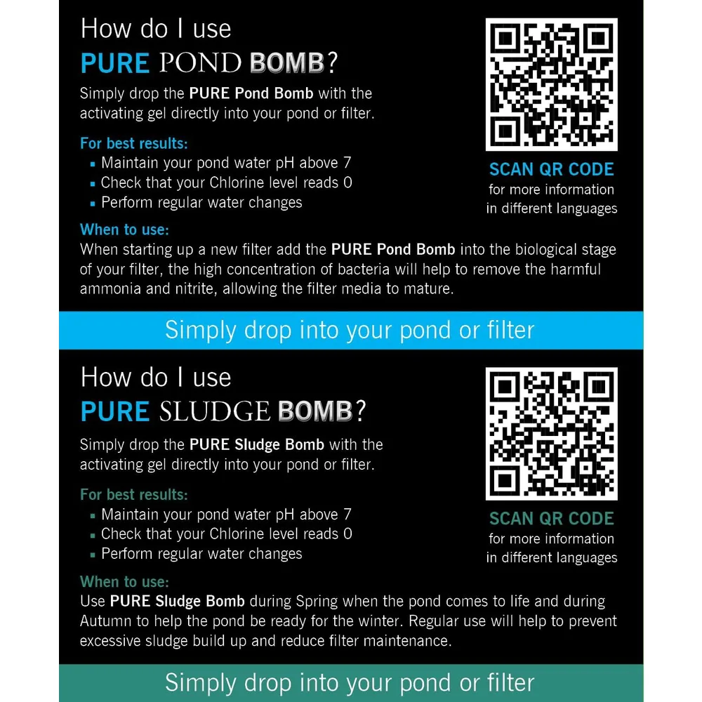 Bruksanvisning for Pure Pond Bomb og Pure Sludge Bomb som slippes rett i dammen