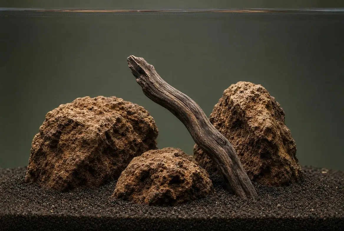 Stein og tre satt som hardscape i akvarium med planter