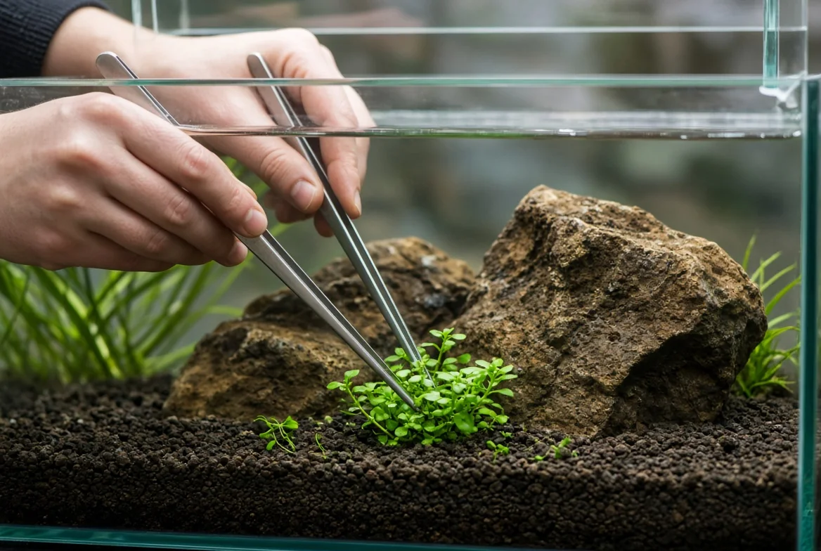 Planting med pinsett foran stein i akvarium med planter