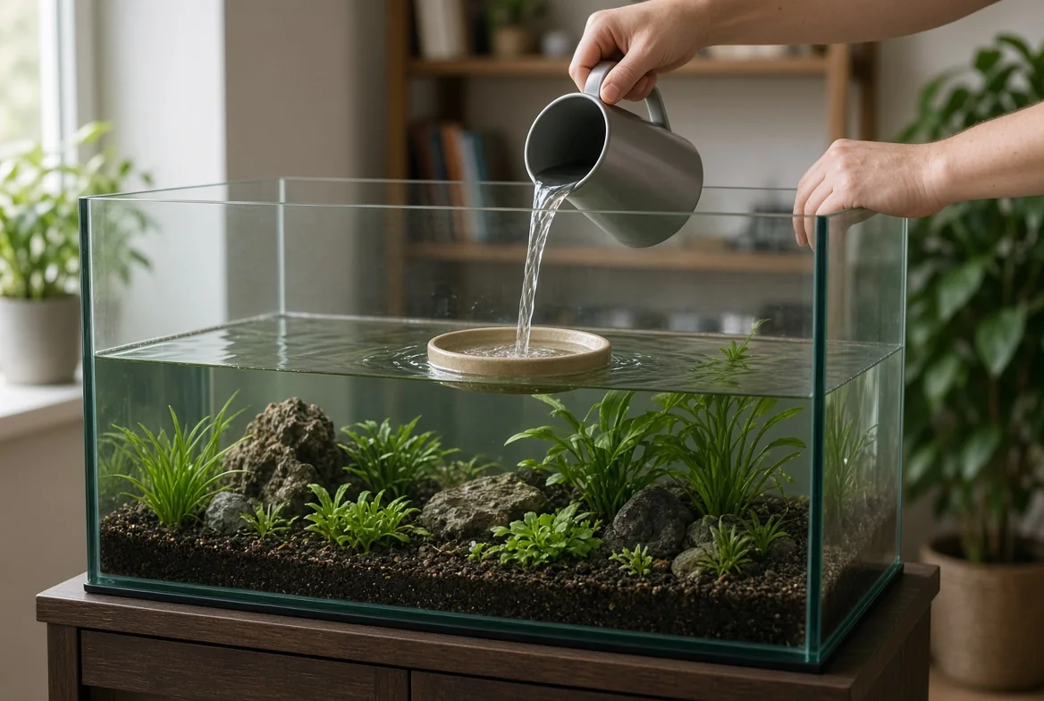 Vann helles sakte over en tallerken i akvarium med planter