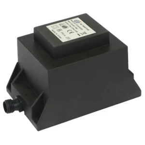 Transformator IP 44 12V i sort hus med kontakt for lyskabel sett skrått