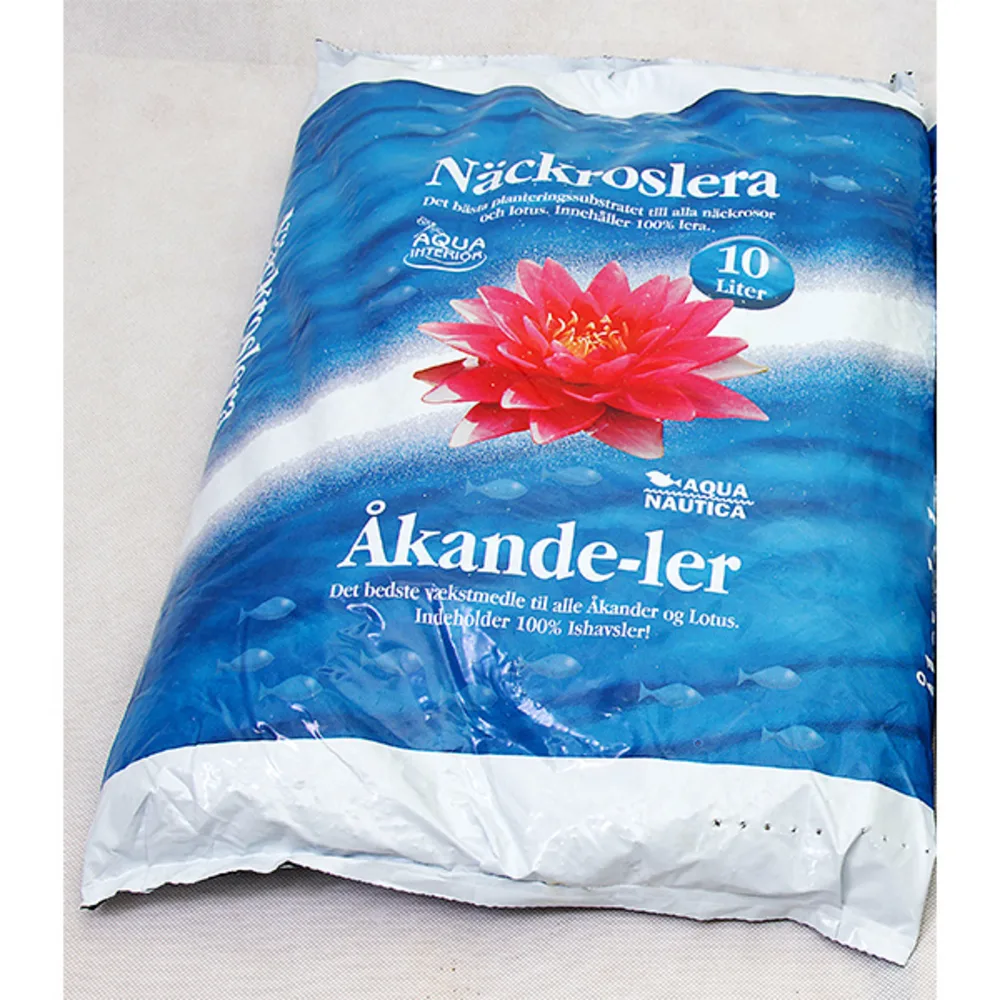 Nærbilde av vannliljeleire 10 liter sekk med produktnavn på forsiden