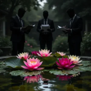 Tre menn i dress med papirer bak rosa vannliljer i blomst på mørk dam