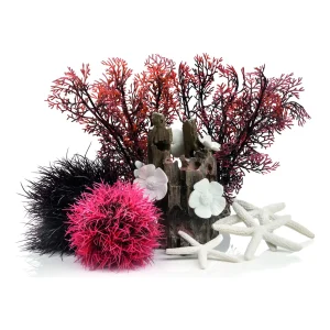 biOrb dekorsett Red Forest med røde planter, rotskulptur med hvite blomster og sjøstjerner