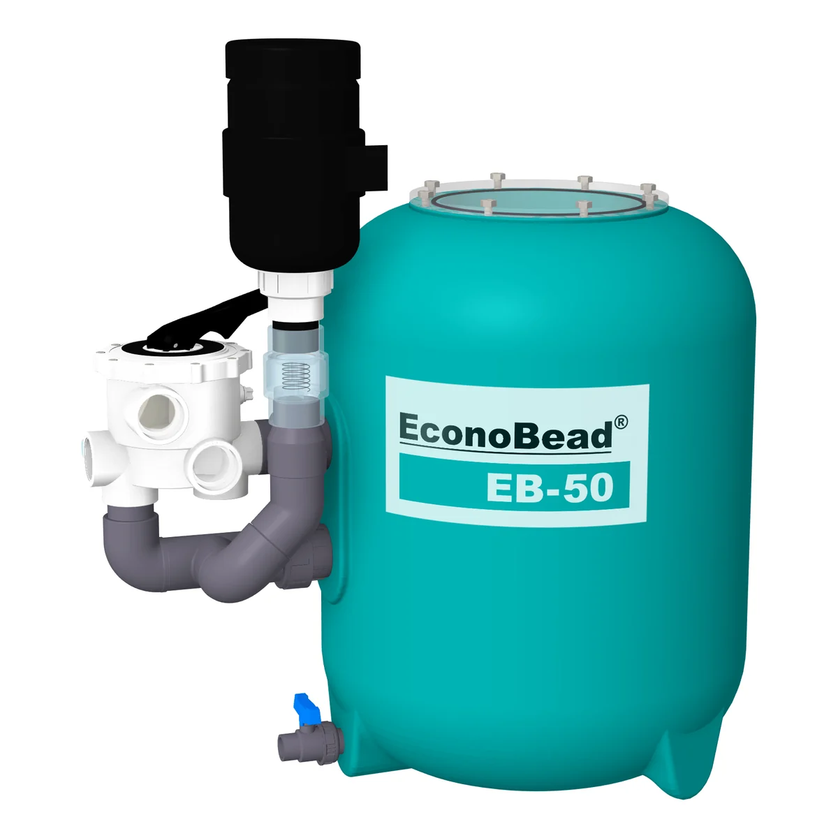 EconoBead EB-50 beadfilter i turkis tank med sekstrinnsventil og blower