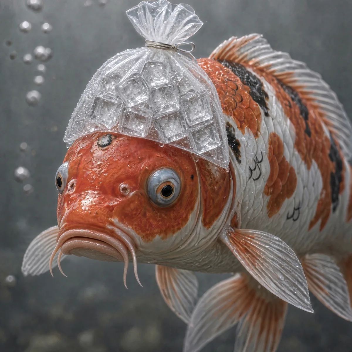 Koi med ispose på hodet og trist blikk svømmer i dammen, om syk fisk i hagedammen
