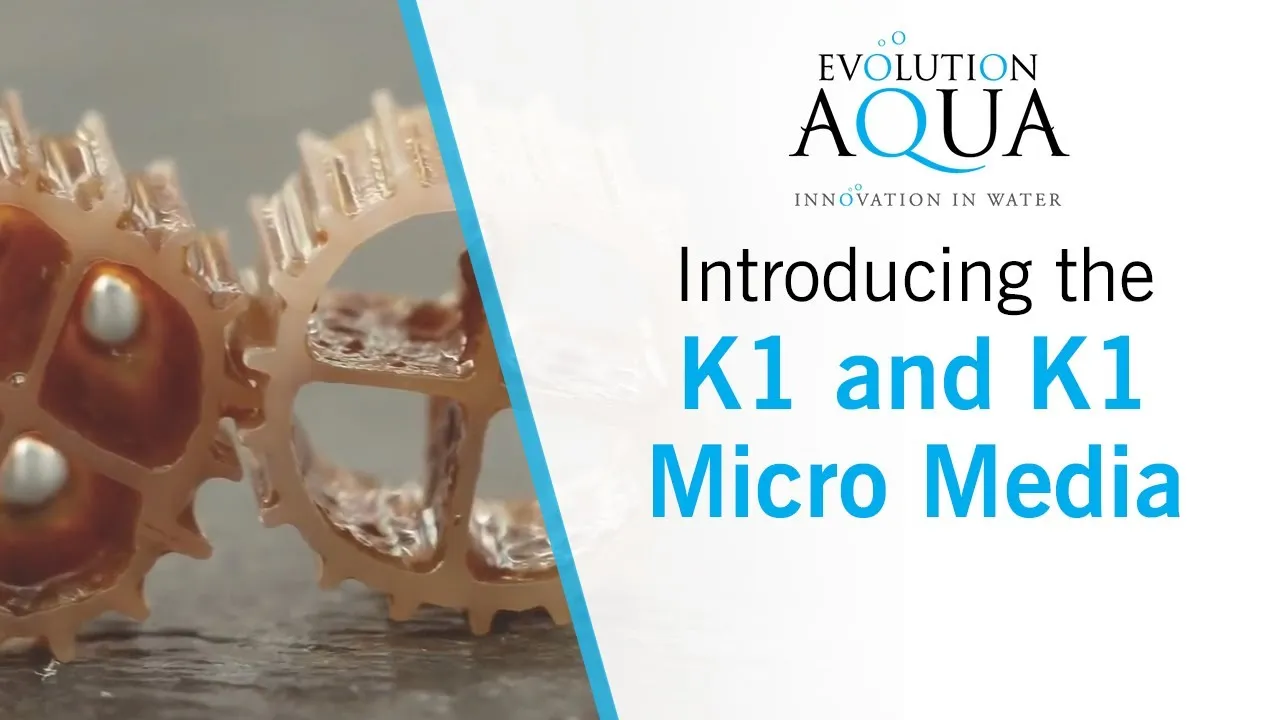 Video der Evolution Aqua viser K1 og K1 Micro filtermedie med biofilm inne i elementene