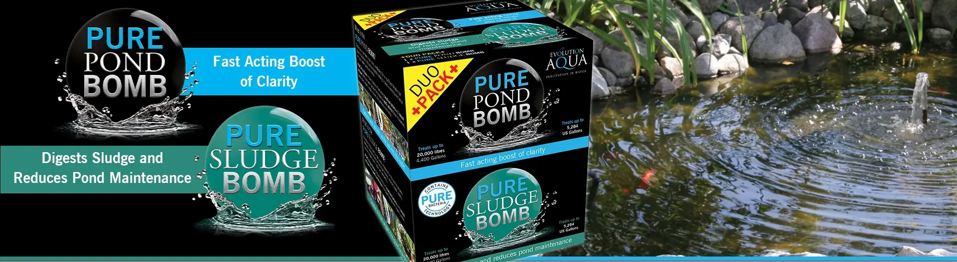 Evolution Aqua Pure Duo Pack med Pond Bomb og Sludge Bomb foran en hagedam