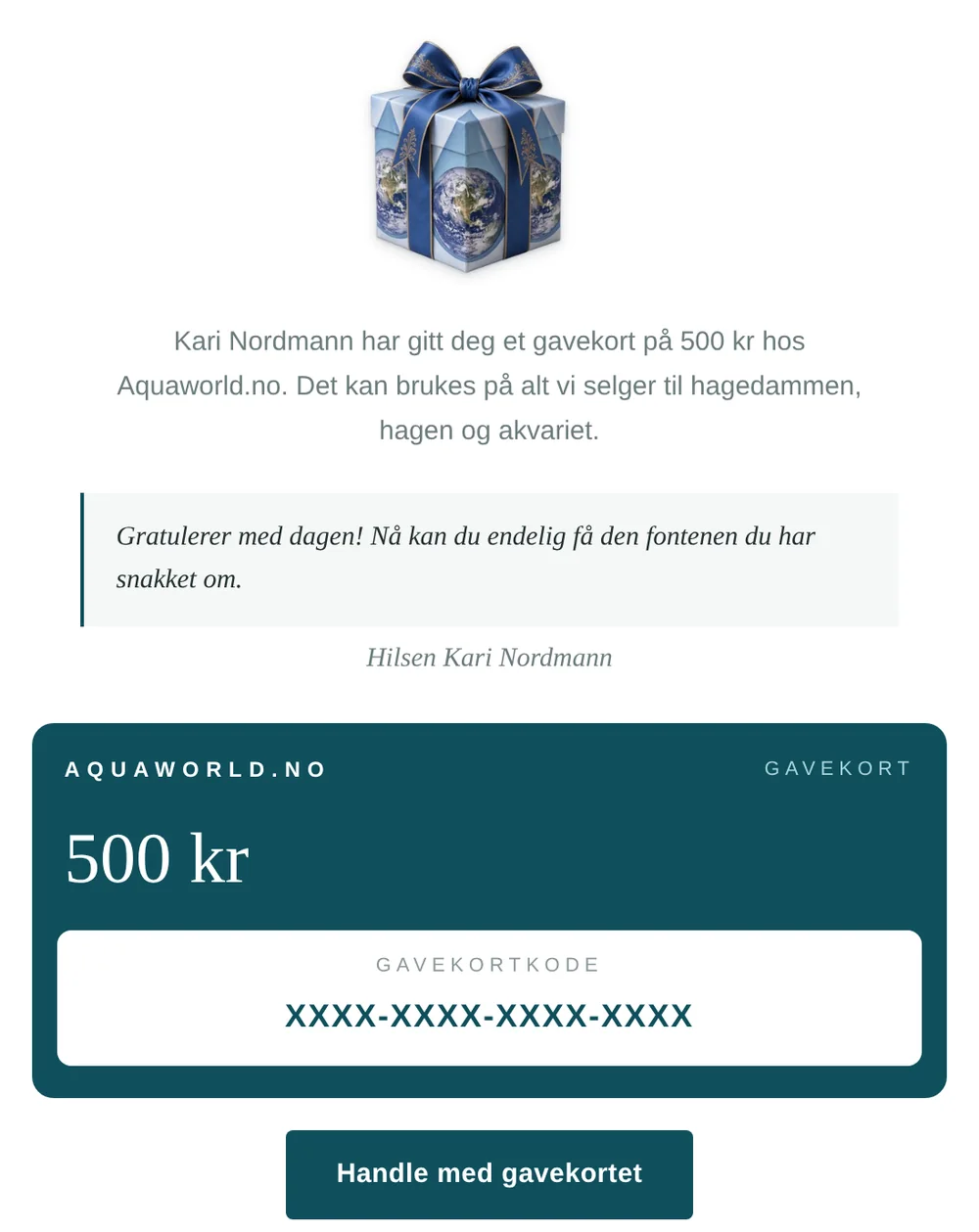 Eksempel på gavekort fra Aquaworld på e-post med hilsen, beløp og gavekortkode