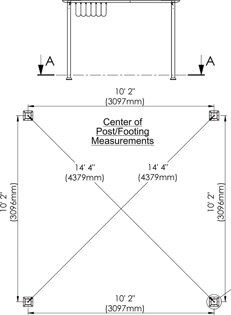 Måltegning ovenfra av gop Florida pergola 12 kvm med 3097 mm mellom stolpene