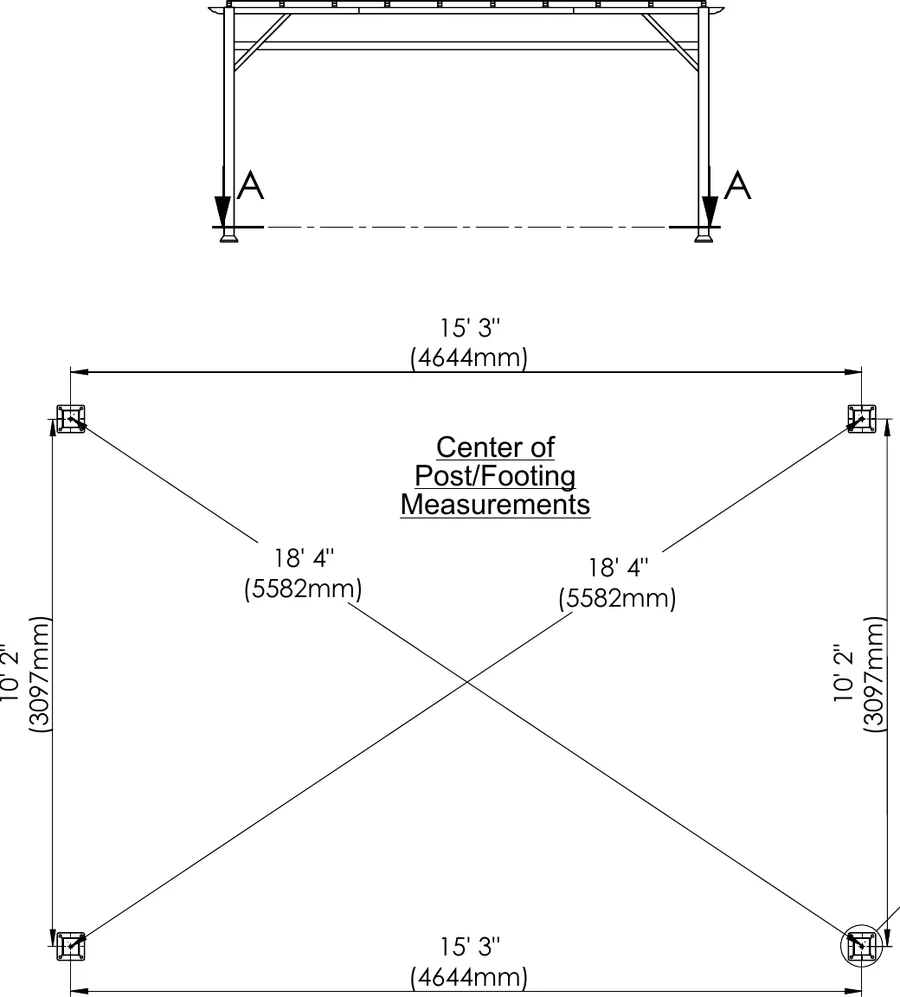 Måltegning ovenfra av gop Florida pergola 18 kvm med 4644 × 3097 mm mellom stolpene