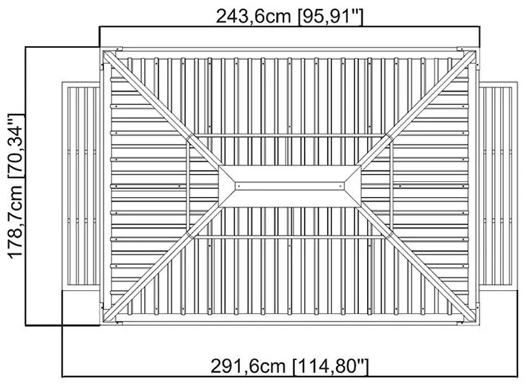 Måltegning ovenfra av gop Messina BBQ Pergola 5 kvm med mål 291,6 × 178,7 cm