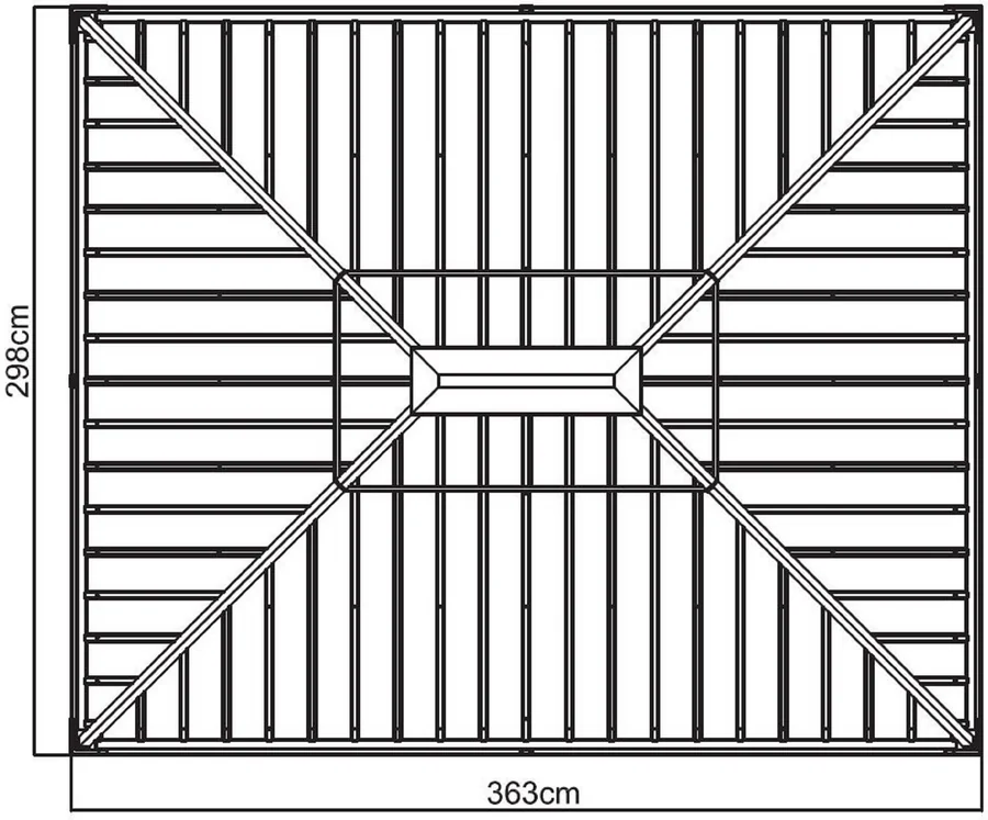 Måltegning ovenfra av gop Messina Pergola 11 kvm med taket på 363 × 298 cm