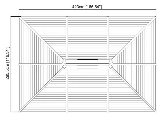 Måltegning ovenfra av gop Ventura pergola 12 kvm med taket på 423 × 295,5 cm
