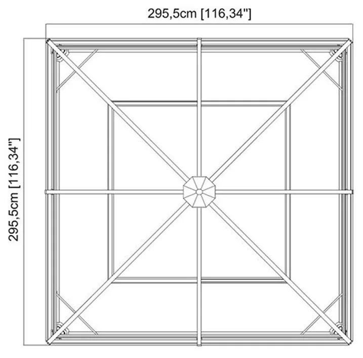 Måltegning ovenfra av gop Ventura pergola 8,35 kvm med kvadratisk tak på 295,5 × 295,5 cm