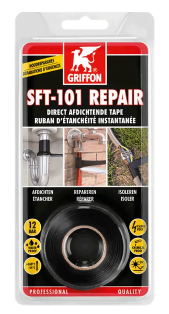 Reparasjonstape til rør og slanger, Griffon SFT-101 Repair i pakning med svart rull på 25 mm × 3 m