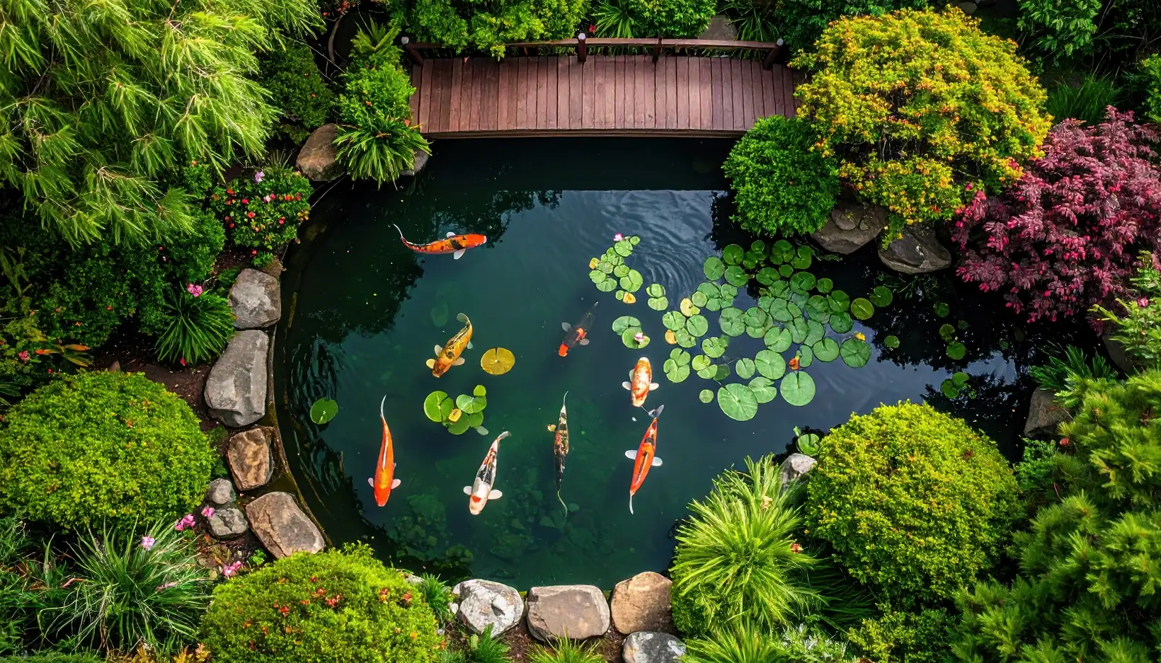 Hagedam med koi, vannliljer og trebro sett ovenfra, omgitt av steiner og frodige planter