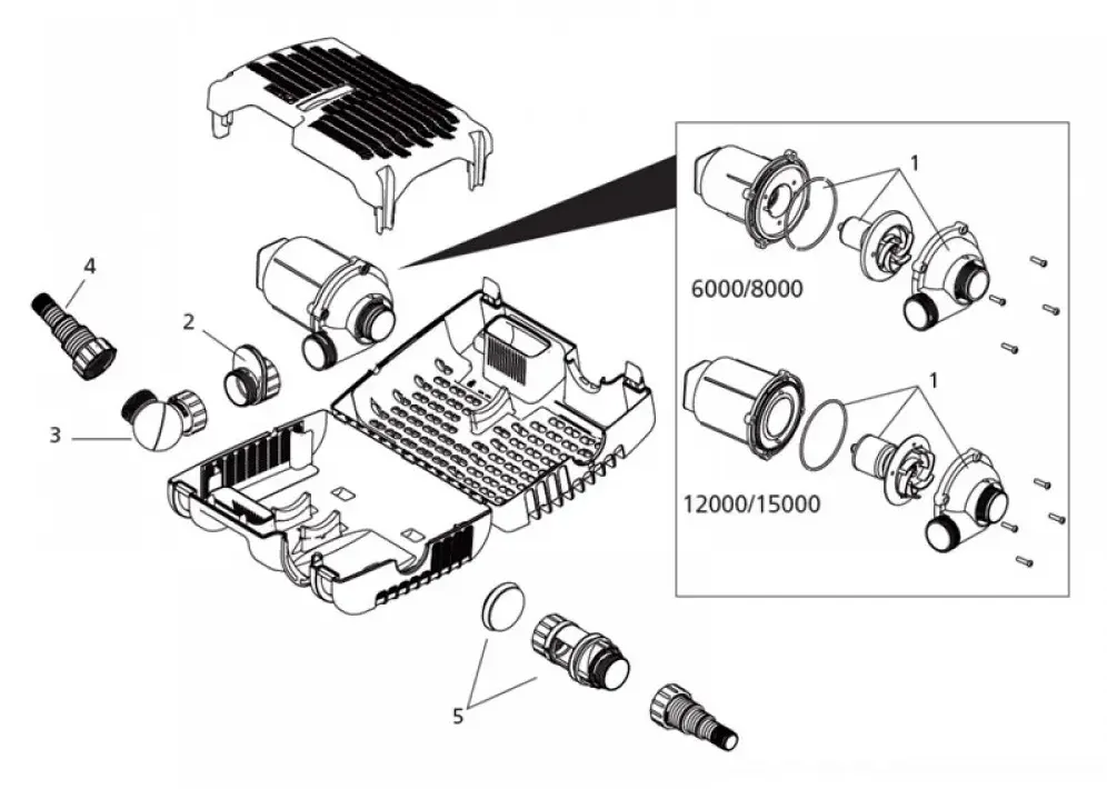Sprengskisse av Hozelock Aquaforce 6000–15000 med rotor, pumpekammer og stusser