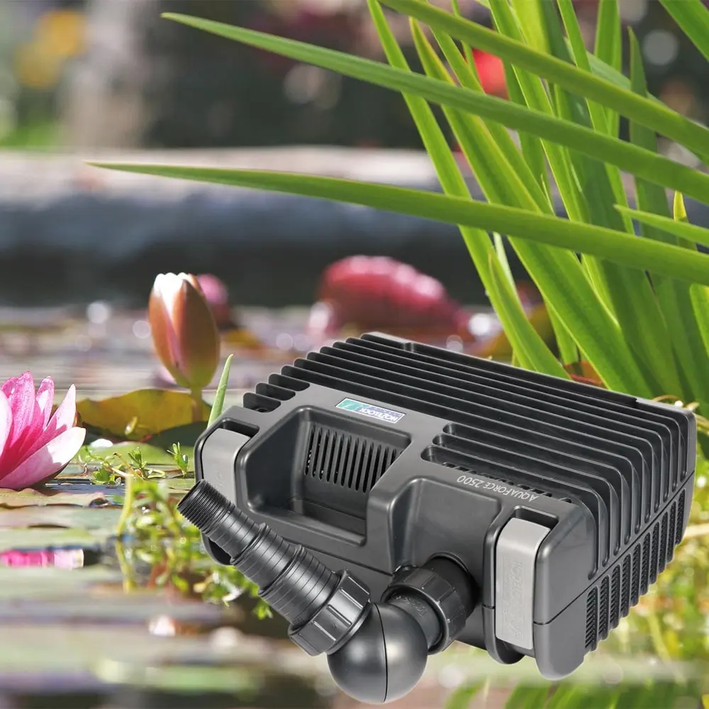Hozelock Aquaforce 2500 filterpumpe ved vannliljer og siv i en hagedam
