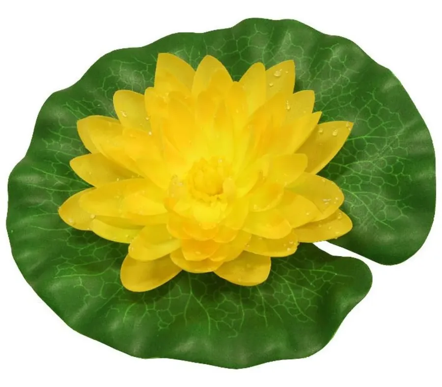 Kunstig vannlilje i silke med gul blomst som ligger på et grønt blad