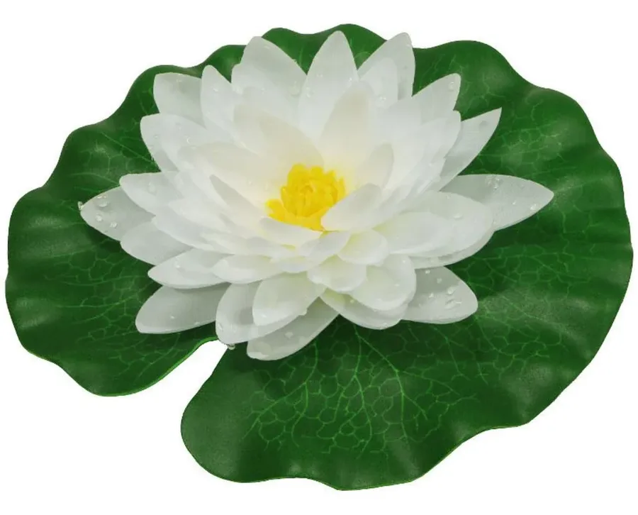 Kunstig vannlilje i silke med hvit blomst som ligger på et grønt blad