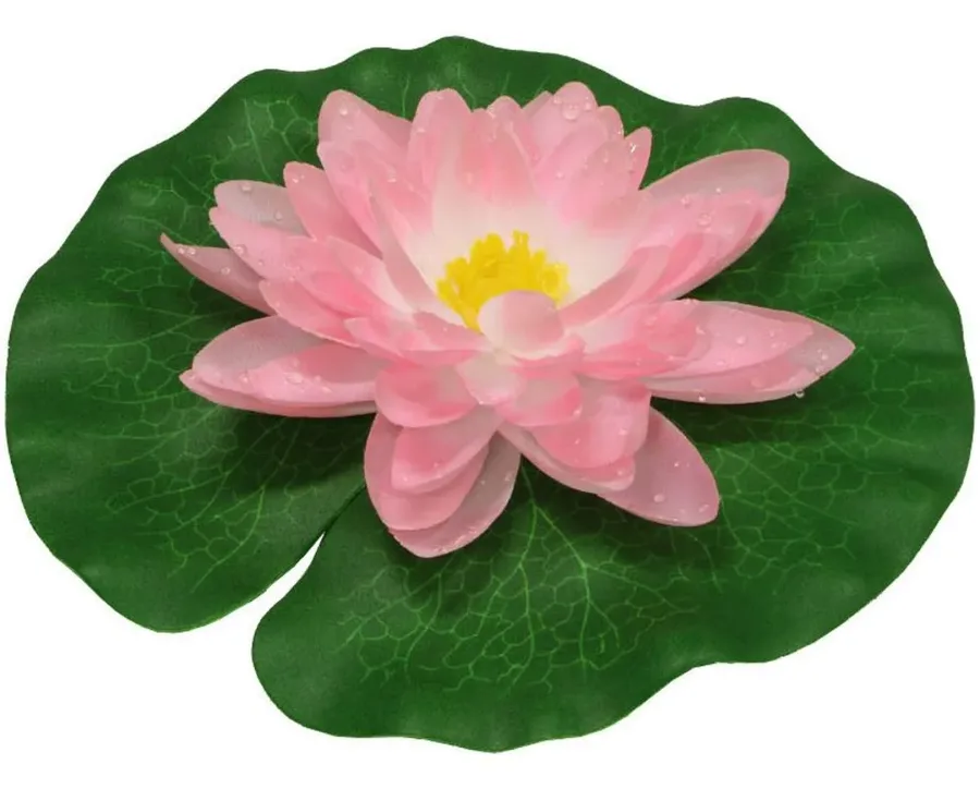 Kunstig vannlilje i silke med rosa blomst som ligger på et grønt blad