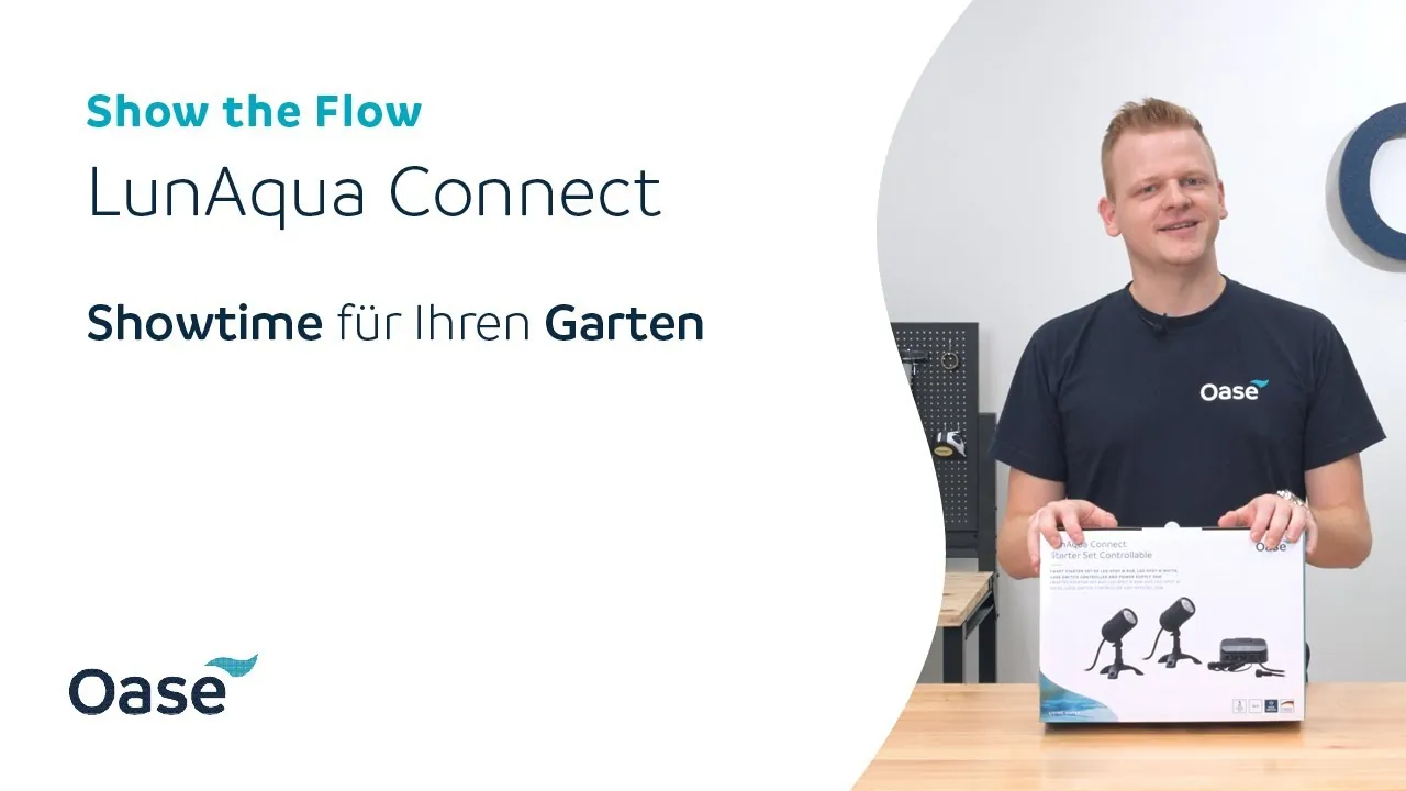 Video der OASE viser LunAqua Connect startersett med spotter og Switch-kontroller