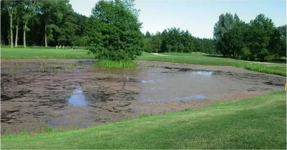 OASE AquaAir Eco 250 lufter en stor golfdam, og boblene synes som en lys flekk midt på vannflaten