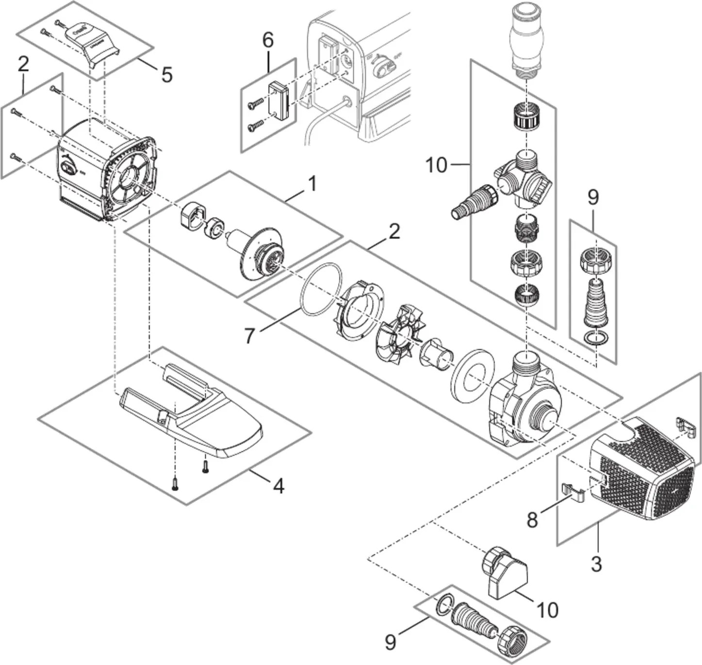 Sprengskisse OASE Aquarius Eco Premium 9500–16500 med delenummer synlig