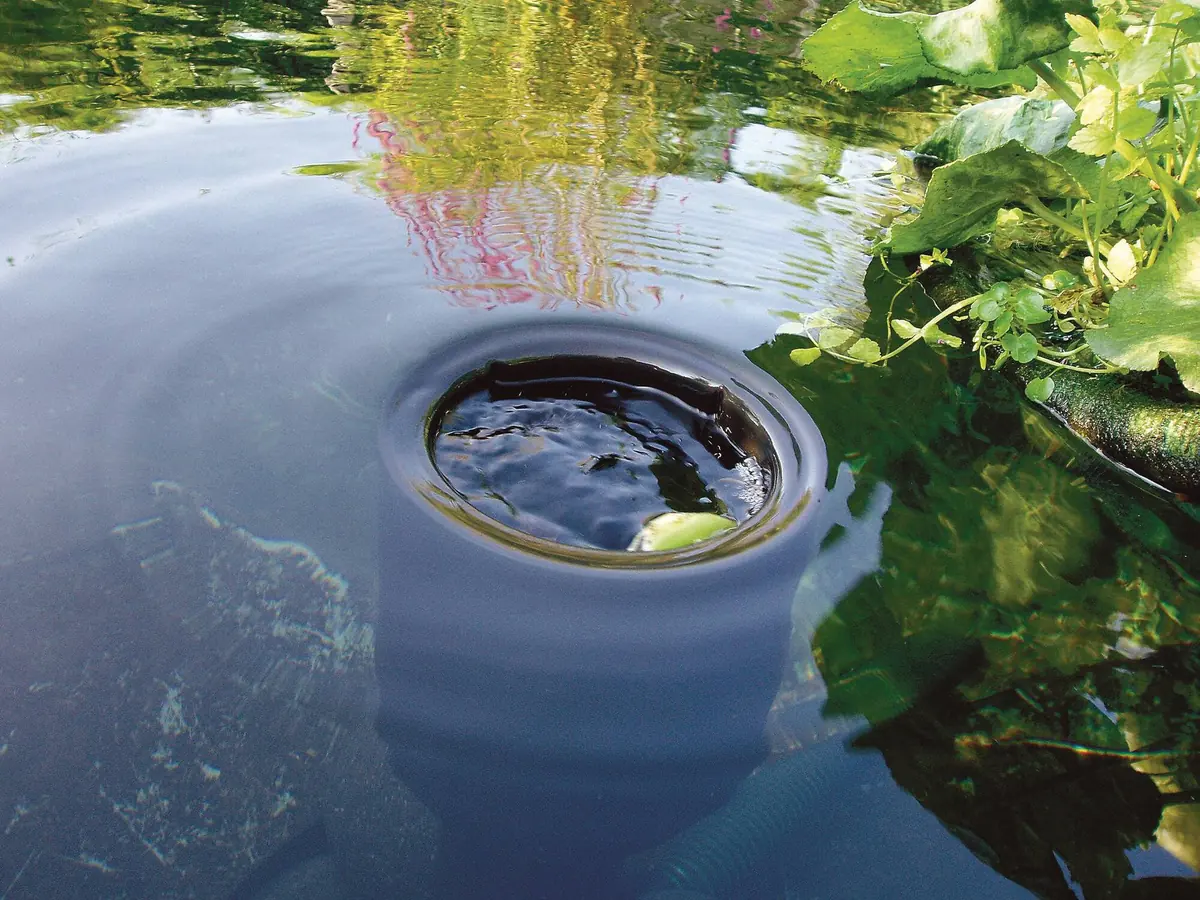 OASE AquaSkim 40 i vannflaten på en hagedam, sett ovenfra med planter rundt