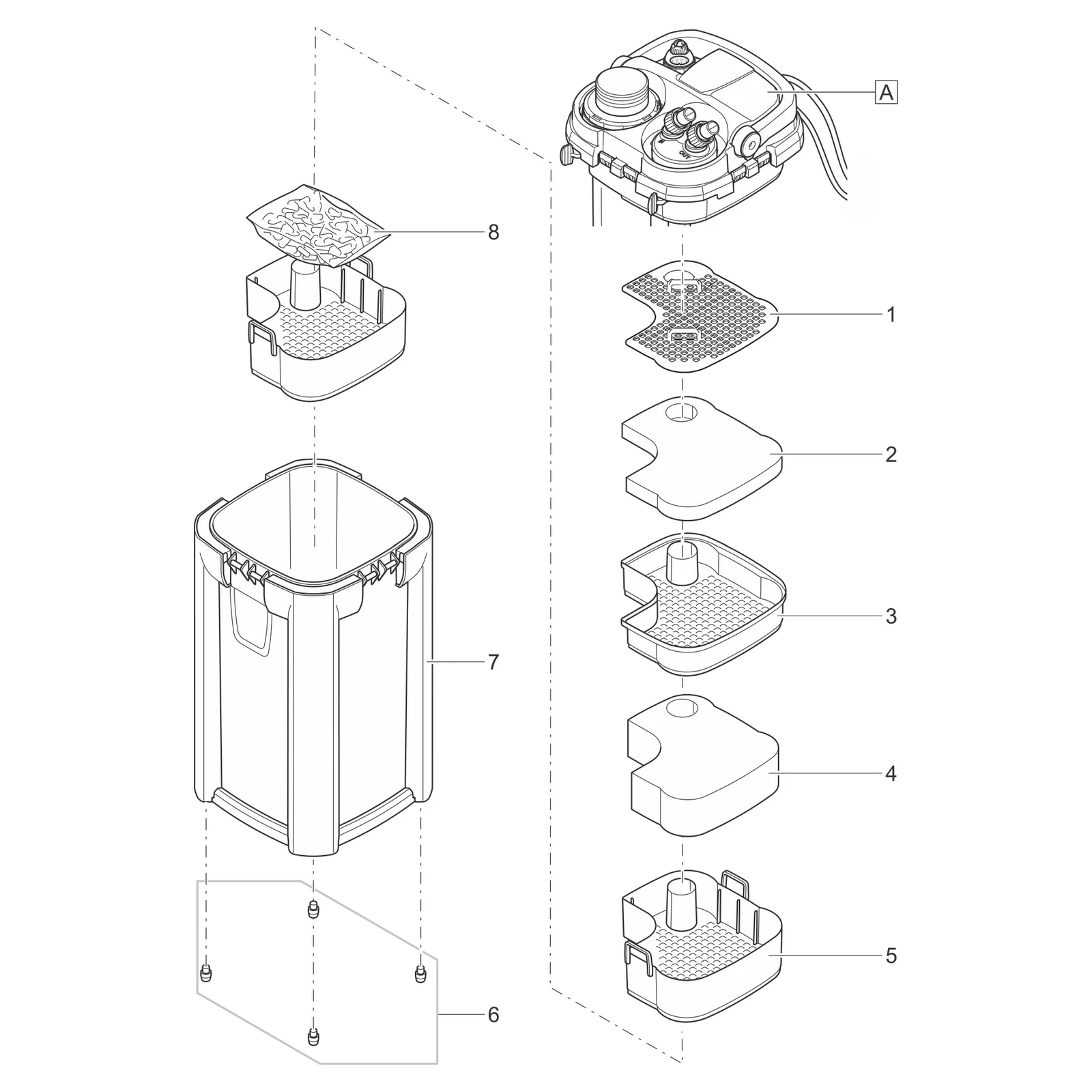Sprengskisse OASE BioMaster² filterkurver og beholder med delenummer synlig