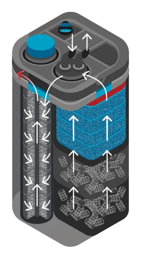 Tegning av OASE BioMaster2 Thermo 850 som viser vannets vei gjennom forfilter, filtersvamper og Hel-X