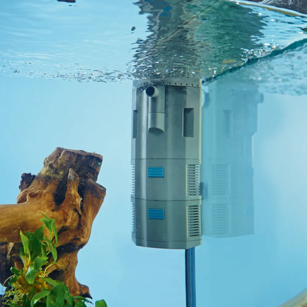 OASE BioPlus innerfilter like under vannflaten i et akvarium med klart vann